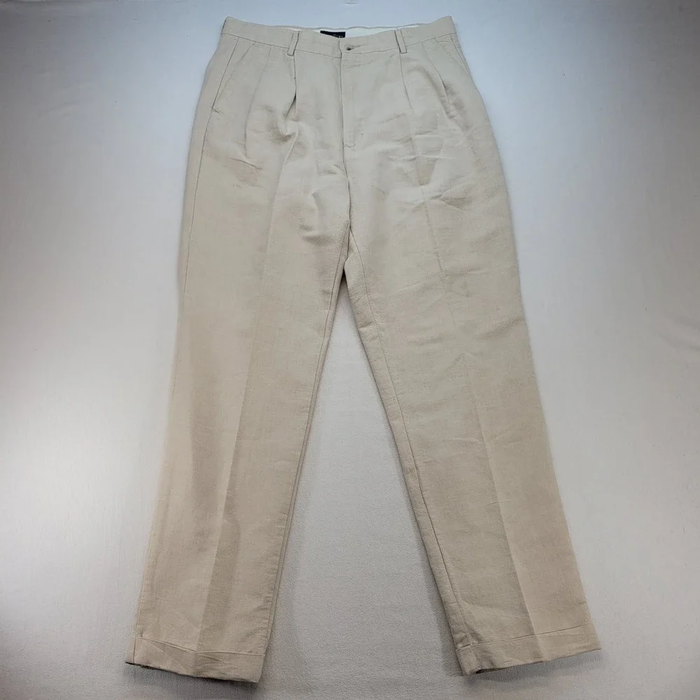 Club Room Pleated Trousers Mens 38x34 Beige Linen Cotton Cuffed Straight